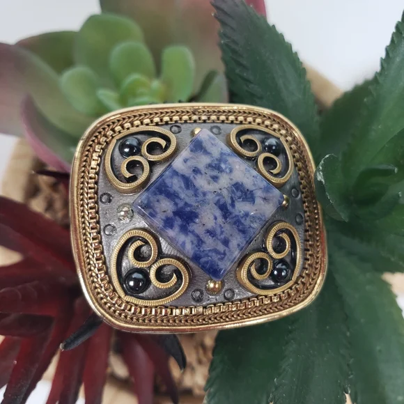 Michal Golan Blue Sodalite & Gold Filigree Pendant / Brooch w/Hearts 1.50x1.25